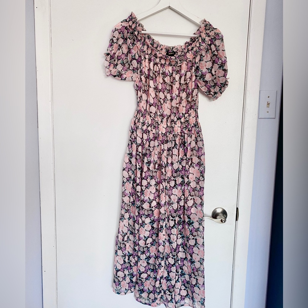 F21 Floral Mesh Layered Off-The-Shoulder Maxi Dress